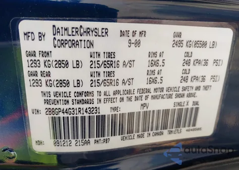 2001 Dodge Grand Caravan Sport from USA, damaged, VIN 2B8GP44G31R143231